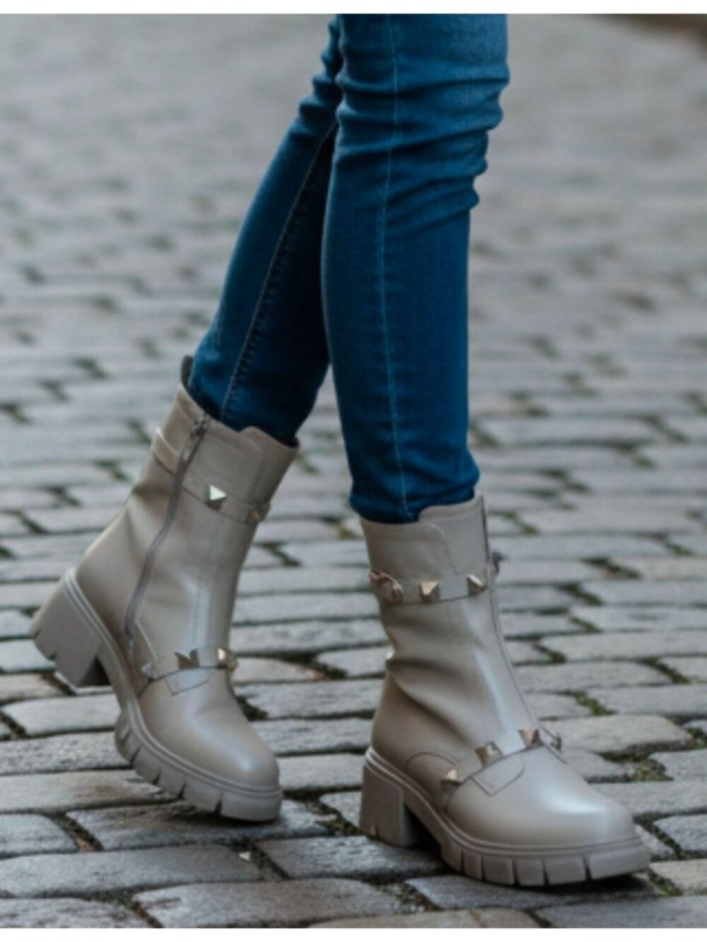 Studded Gray Combat-Style Ankle Boots With Chunky Block Heel And Side Zipper Clo